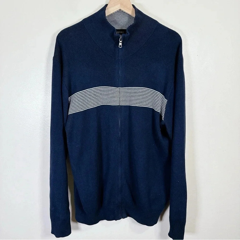 Banana Republic Navy Full Zip Horizontal Stripe Sweater Cardigan